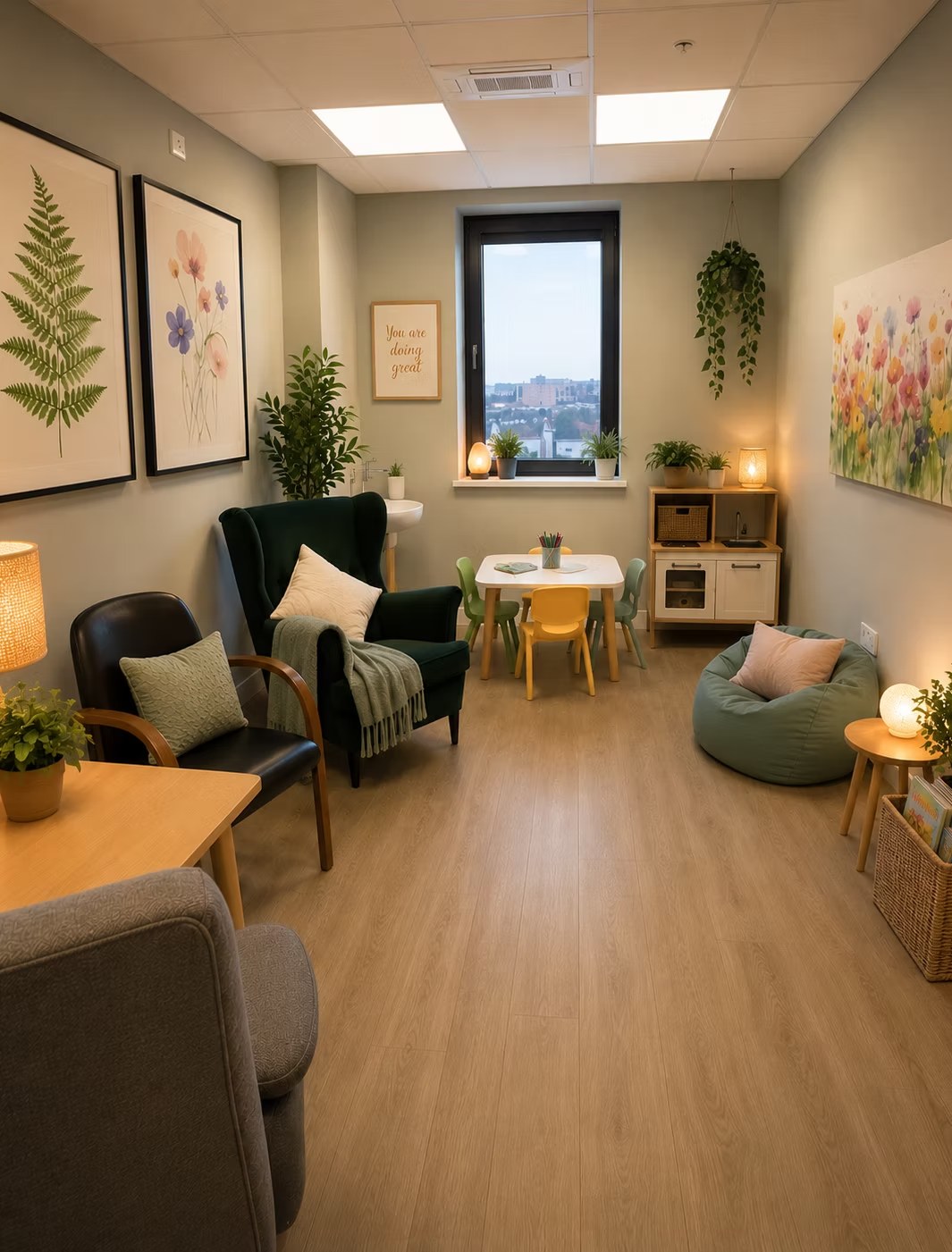 A CBT Solutions clinic room with armchairs, a children's table and soft lamp lighting