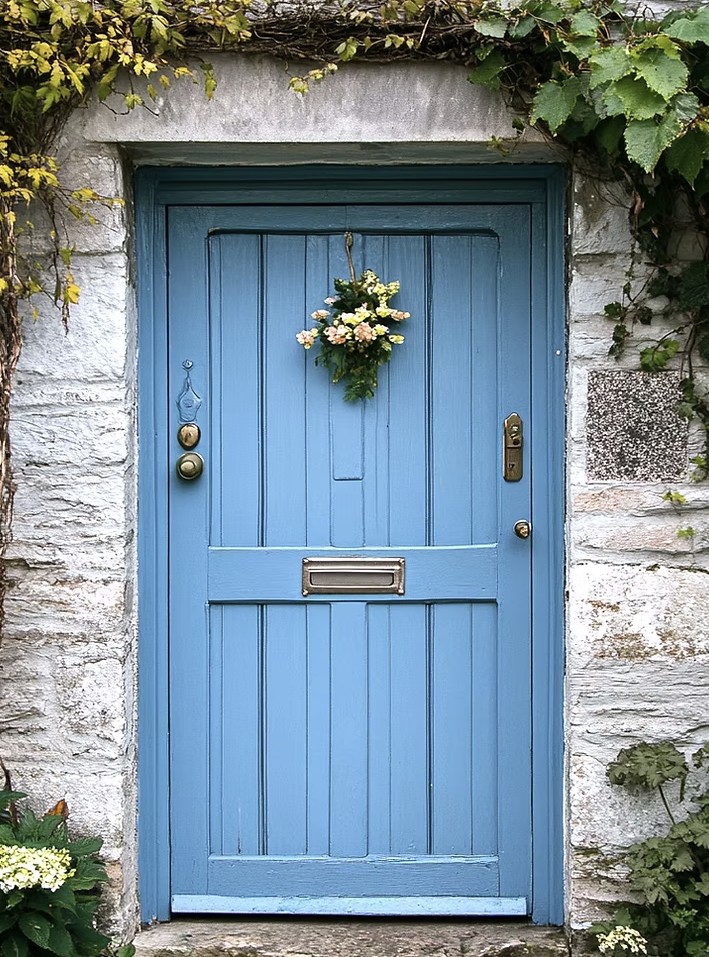A blue cottage door with a posy of flowers