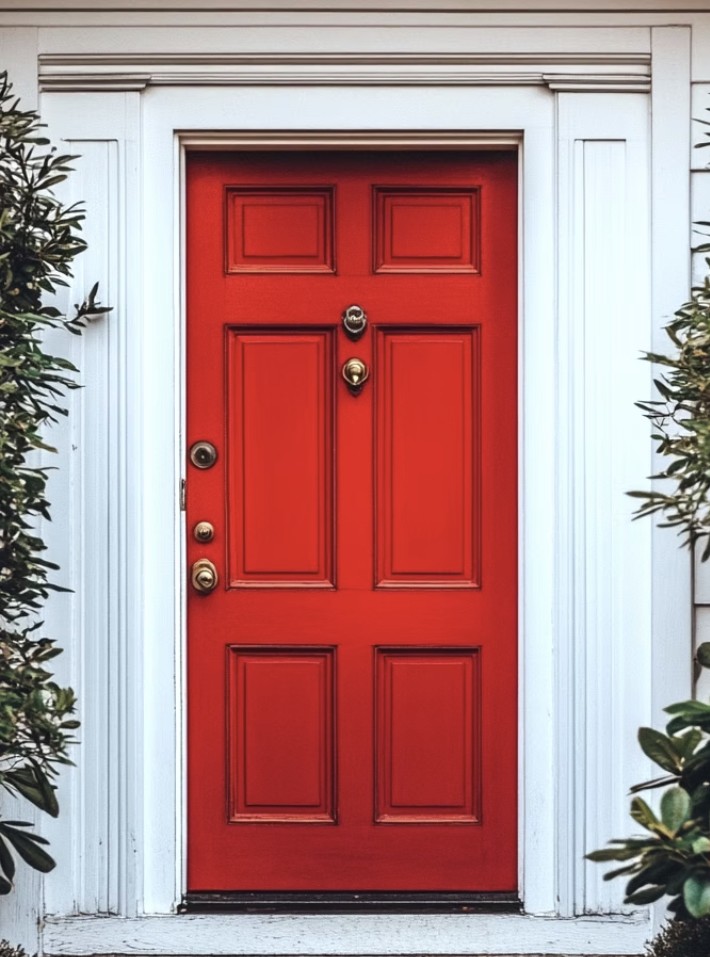 A red front door in a white doorframe